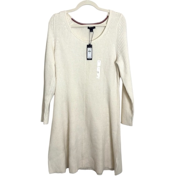 NWT Tommy Hilfiger Ivory Ribbed Knit Sweater Dress Women’s Large Classic Work - Picture 1 of 9